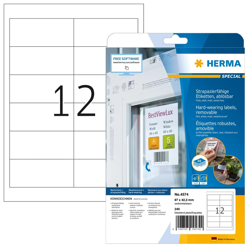 HERMA Self Adhesive Removable Film Labels, 12 Labels per A4 Sheet, 640 Sheets, 97 x 42.3 mm, 7680 Labels, Blank Weatherproof Labels Stickers, Sticky Labels for Laser & Inkjet Printer, White