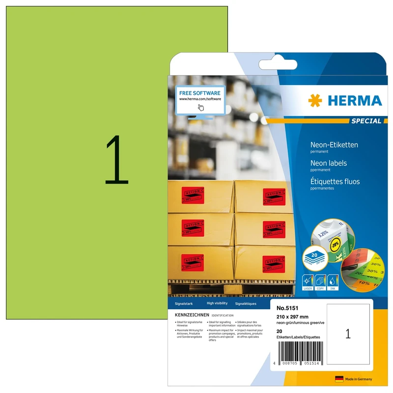 HERMA Self Adhesive Coloured Labels, 1 Label per A4 Sheet, 640 Sheets, 210 x 297 mm, 640 Labels, Blank Colour Labels Stickers, Sticky Labels for Laser & Inkjet Printer, Neon Green
