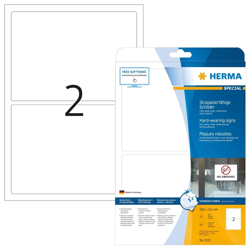 HERMA Self Adhesive Film Labels, 2 Labels per A4 Sheet, 800 Sheets, 190 x 135 mm, 1600 Labels, Blank Weatherproof Labels Stickers, Sticky Labels for Laser & Inkjet Printer, White