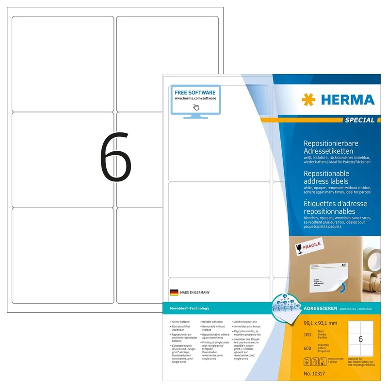 HERMA Self Adhesive Removable Labels, 6 Labels per A4 Sheet, 1400 Sheets, 99.1 x 93.1 mm, 8400 Labels, Blank Multipurpose Labels Stickers, Sticky Labels for Laser & Inkjet Printer, White