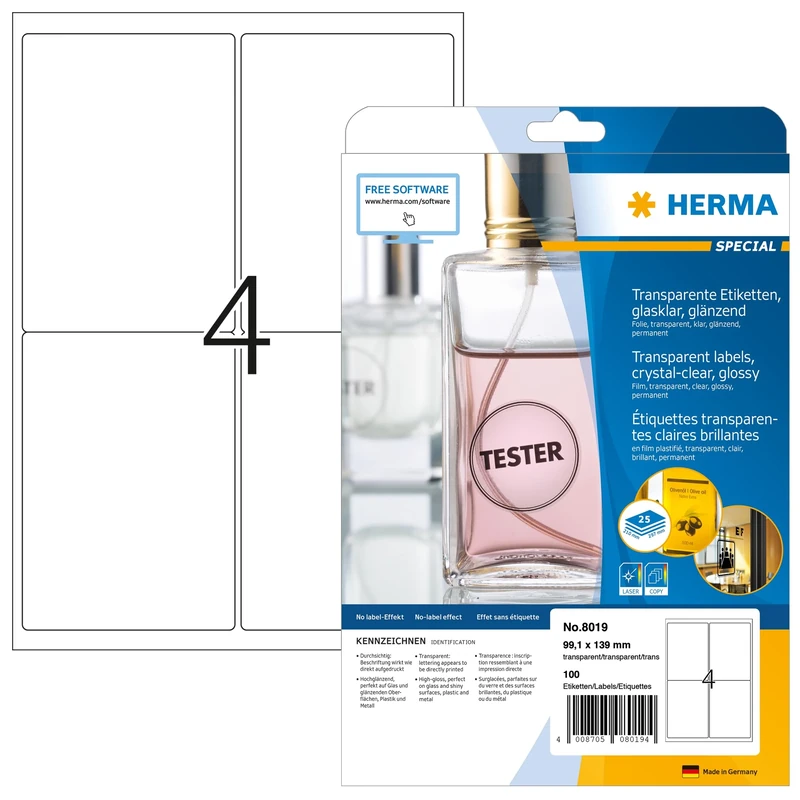 HERMA Self Adhesive Clear Film Labels, 4 Labels per A4 Sheet, 800 Sheets, 99.1 x 139 mm, 3200 Labels, Blank Weatherproof Labels Stickers, Sticky Labels for Laser & Inkjet Printer, Transparent