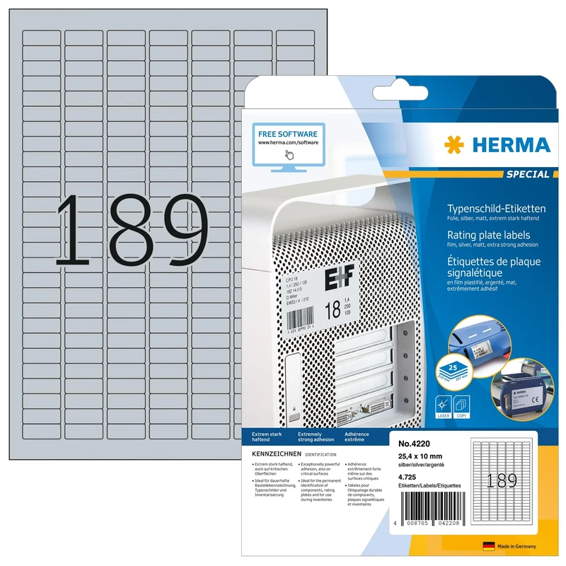 HERMA Self Adhesive Name Plate Film Labels, 189 Labels per A4 Sheet, 800 Sheets, 25 x 10 mm, 151200 Labels, Weatherproof Labels Stickers, Sticky Labels for Laser & Inkjet Printer, Metallic Silver