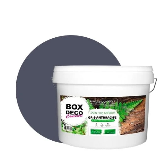 BOX DECO COULEURS Natural Eco-Friendly Wall Paint Satin Look Natura Interior 10 L / 130 m², Anthracite Grey