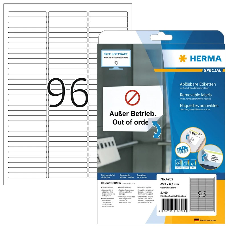 HERMA Self Adhesive Removable Labels, 96 Labels per A4 Sheet, 800 Sheets, 63.5 x 8.5 mm, 76800 Labels, Blank Multipurpose Labels Stickers, Sticky Labels for Laser & Inkjet Printer, White