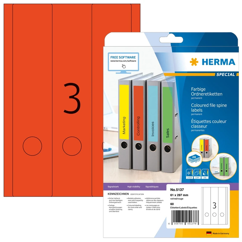 HERMA Self Adhesive Spine Labels, 3 Labels per A4 Sheet, 640 Sheets, 61 x 297 mm, 1920 Labels, Blank Lever Arch File Folder Labels Stickers, Sticky Labels for Laser & Inkjet Printer, Red
