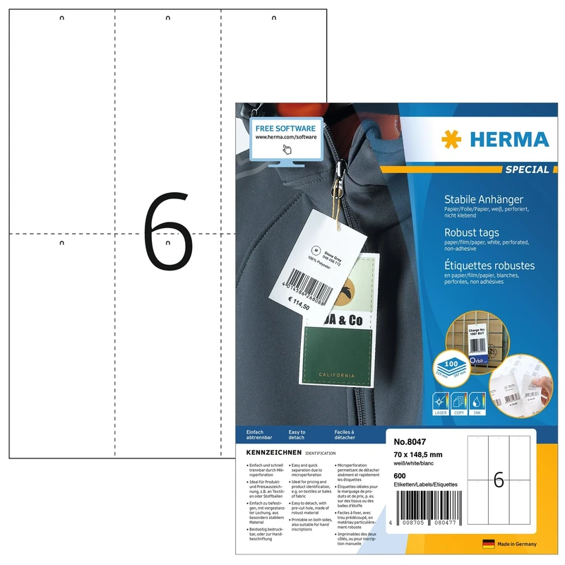 HERMA Printable Tags, 6 Pieces Labels per A4 Sheet, 1400 Sheets, 70 x 148.5 mm, 8400 Pieces, Blank Rectangle Price Tags, Perforated Jewellery Hang Tags for Laser & Inkjet Printer, White