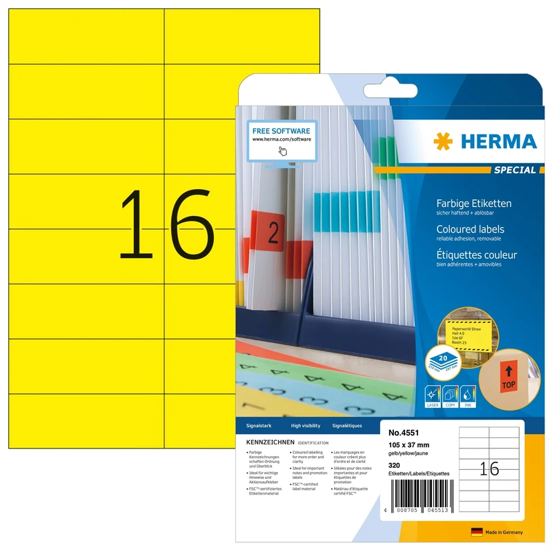 HERMA Self Adhesive Coloured Labels, 16 Labels per A4 Sheet, 640 Sheets, 105 x 37 mm, 10240 Labels, Blank Removable Colour Labels Stickers, Sticky Labels for Laser & Inkjet Printer, Yellow