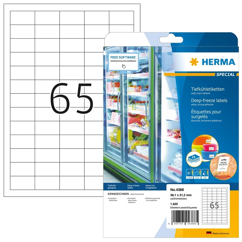 HERMA Self Adhesive Freezer Labels, 65 Labels per A4 Sheet, 800 Sheets, 38.1 x 21.2 mm, 52000 Labels, Blank Food Labels Stickers, Sticky Labels for Laser & Inkjet Printer, White - Image 1