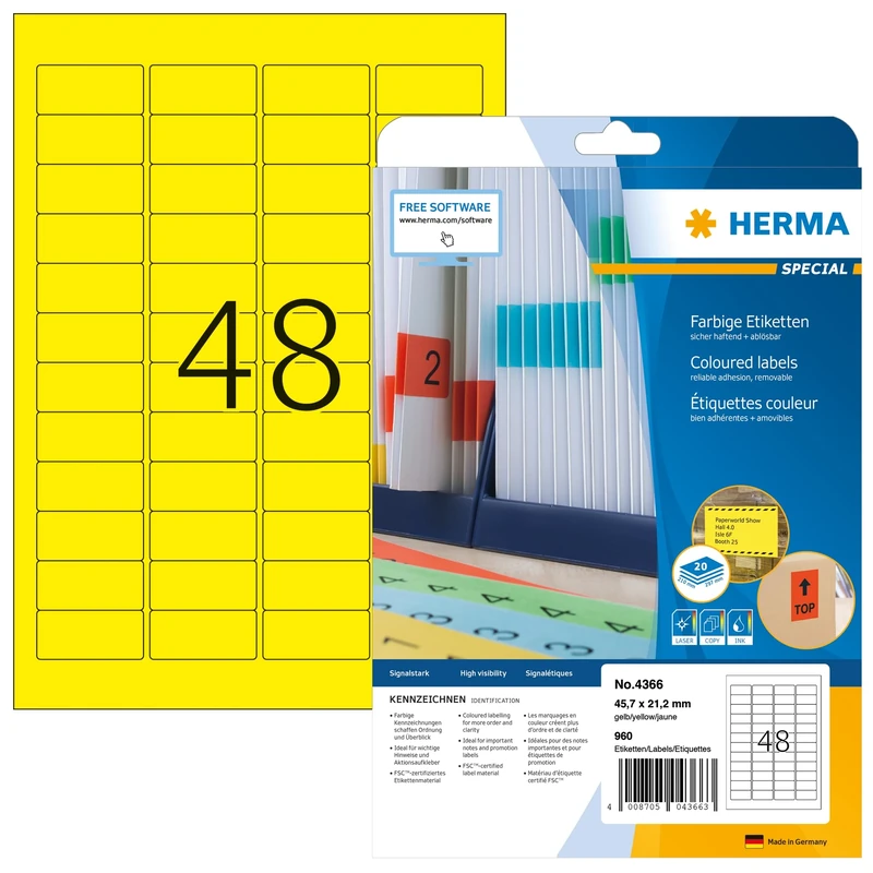 HERMA Self Adhesive Coloured Labels, 48 Labels per A4 Sheet, 640 Sheets, 45.7 x 21.2 mm, 30720 Labels, Blank Removable Colour Labels Stickers, Sticky Labels for Laser & Inkjet Printer, Yellow