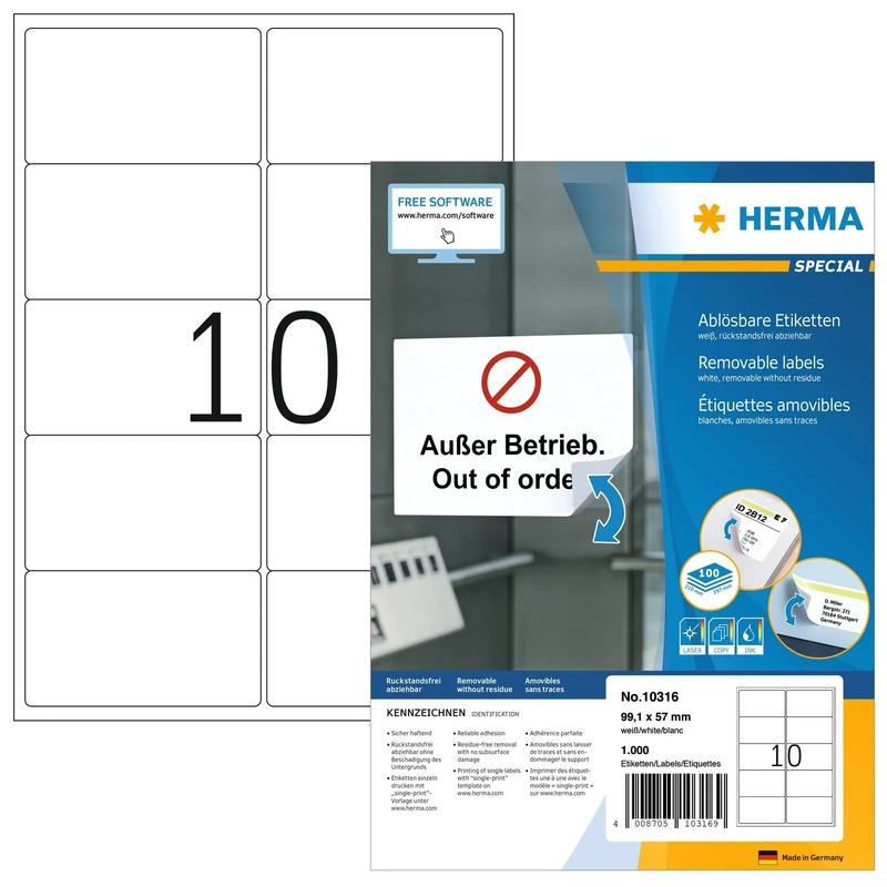 HERMA Self Adhesive Removable Labels, 10 Labels per A4 Sheet, 1400 Sheets, 99.1 x 57 mm, 14000 Labels, Blank Multipurpose Labels Stickers, Sticky Labels for Laser & Inkjet Printer, White