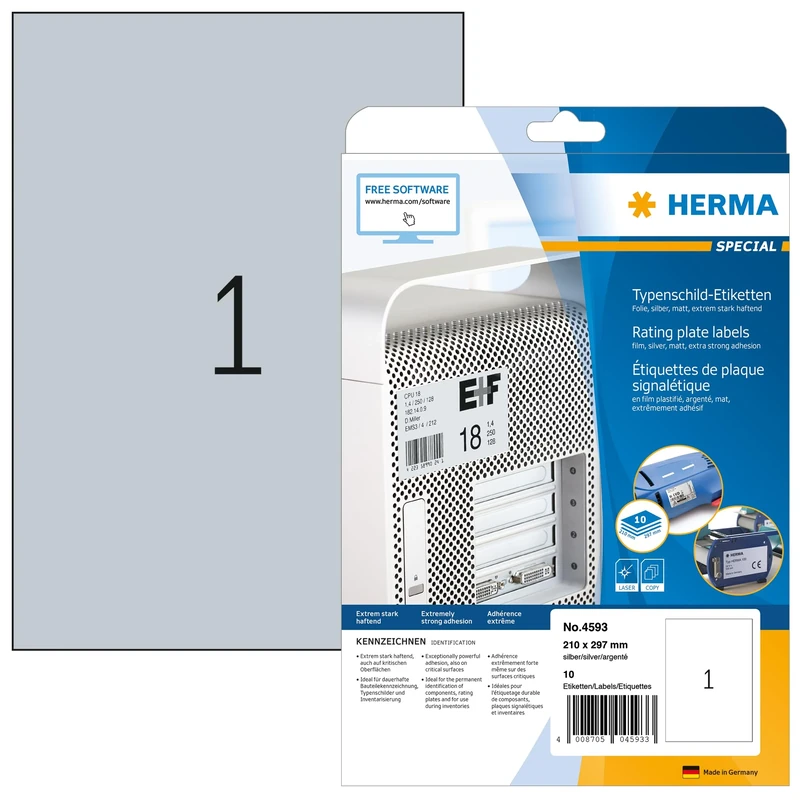 HERMA Self Adhesive Name Plate Film Labels, 1 Label per A4 Sheet, 320 Sheets, 210 x 297 mm, 320 Labels, Weatherproof Labels Stickers, Sticky Labels for Laser & Inkjet Printer, Metallic Silver