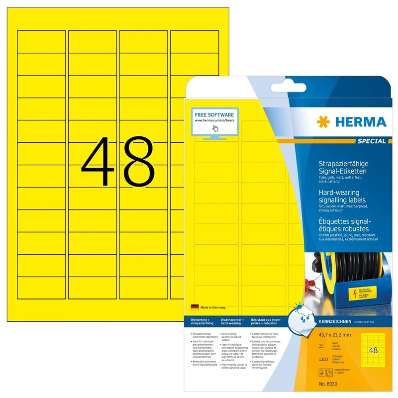 HERMA Self Adhesive Film Labels, 48 Labels per A4 Sheet, 800 Sheets, 45.7 x 21.2 mm, 38400 Labels, Blank Weatherproof Labels Stickers, Sticky Labels for Laser & Inkjet Printer, Yellow