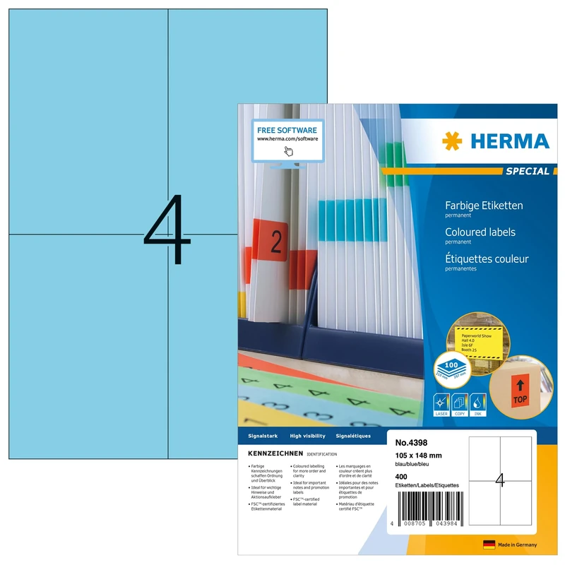 HERMA Self Adhesive Coloured Labels, 4 Labels per A4 Sheet, 1400 Sheets, 105 x 148 mm, 5600 Labels, Blank Colour Labels Stickers, Sticky Labels for Laser & Inkjet Printer, Blue - Image 1