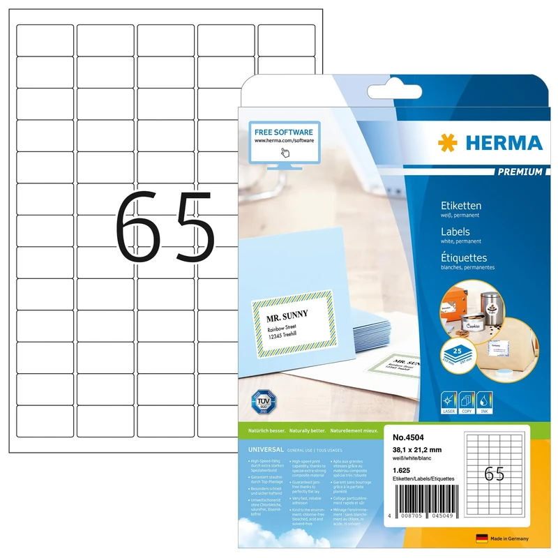 HERMA Self Adhesive Multipurpose Labels, 65 Labels per A4 Sheet, 800 Sheets, 38.1 x 21.2 mm, 52000 Labels, Blank Universal Labels Stickers, Sticky Labels for Laser & Inkjet Printer, White