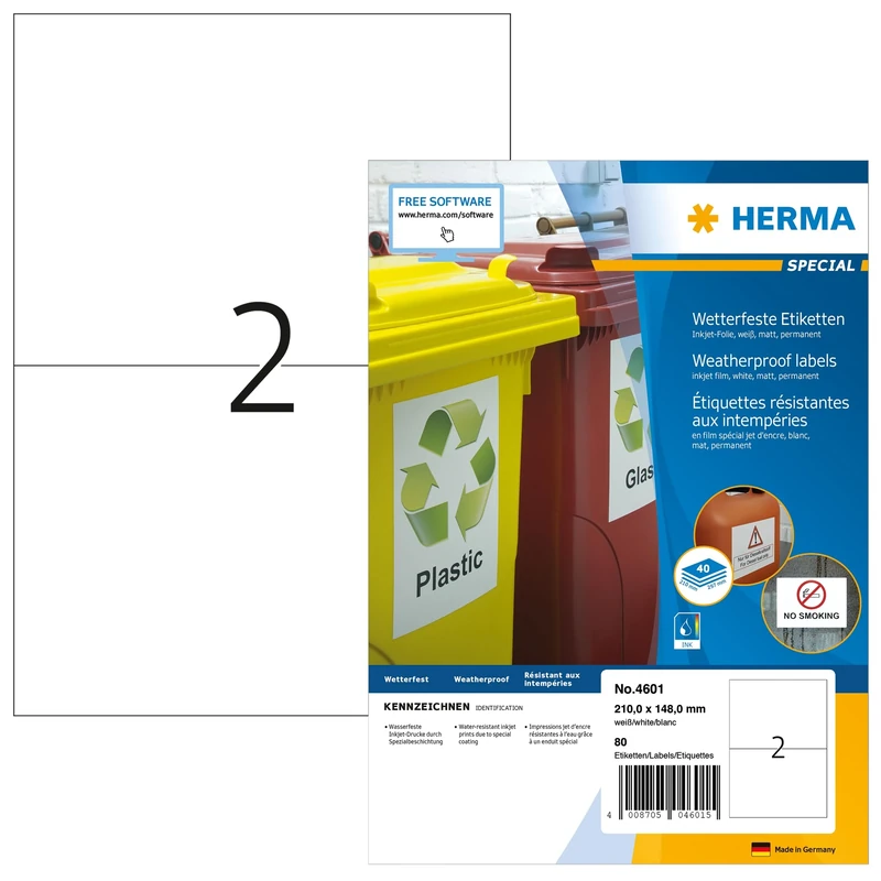 HERMA Self Adhesive Inkjet Labels, 2 Labels per A4 Sheet, 560 Sheets, 210 x 148 mm, 1120 Labels, Blank Weatherproof Film Labels Stickers, Sticky Labels for Inkjet Printer, White