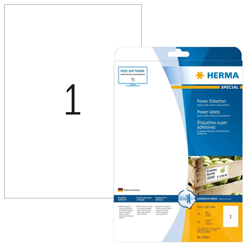 HERMA Extra Strong Adhesive Labels, 1 Label per A4 Sheet, 800 Sheets, 210 x 297 mm, 800 Labels, Blank Heavy Duty Labels Stickers, Sticky Labels for Laser & Inkjet Printer, White