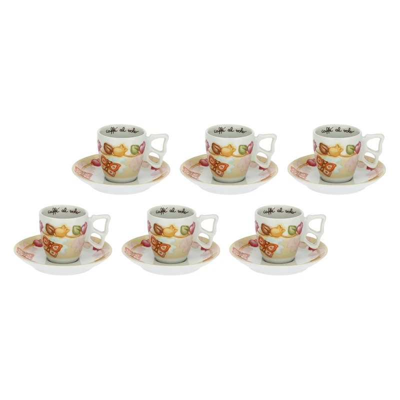 THUN - Set of 6 Coffee Cups - Grace Line, Home is Where Your Family is - Cucina, Caffina al Volo - Porcelain - Cup Ø 6.5 cm; 5.5 cm h; 110 ml; Saucer Ø 11.5 cm