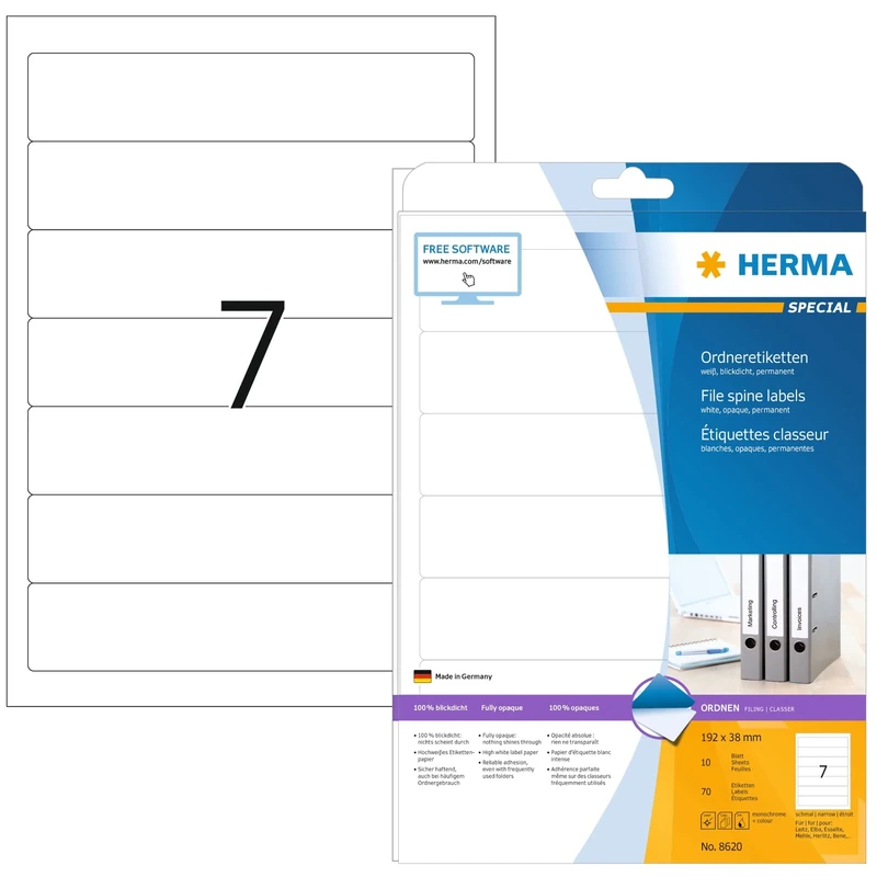 HERMA Self Adhesive Spine Labels, 7 Labels per A4 Sheet, 320 Sheets, 192 x 38 mm, 2240 Labels, Blank Lever Arch File Folder Labels Stickers, Sticky Labels for Laser & Inkjet Printer, White