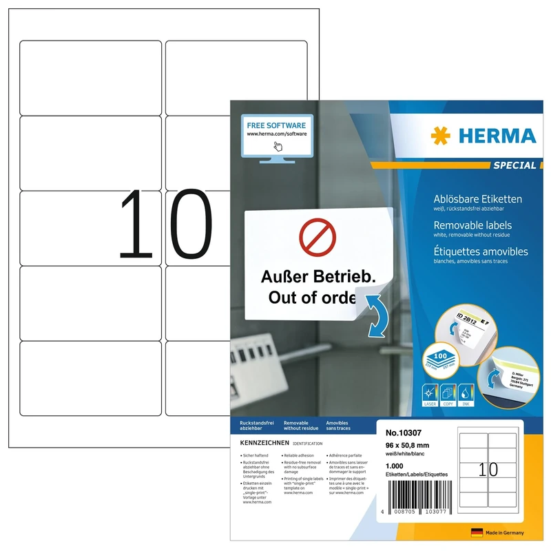 HERMA Self Adhesive Removable Labels, 10 Labels per A4 Sheet, 1400 Sheets, 96 x 50.8 mm, 14000 Labels, Blank Multipurpose Labels Stickers, Sticky Labels for Laser & Inkjet Printer, White