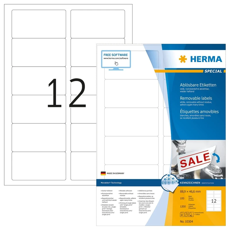 HERMA Self Adhesive Removable Labels, 12 Labels per A4 Sheet, 1400 Sheets, 88.9 x 46.6 mm, 16800 Labels, Blank Multipurpose Labels Stickers, Sticky Labels for Laser & Inkjet Printer, White
