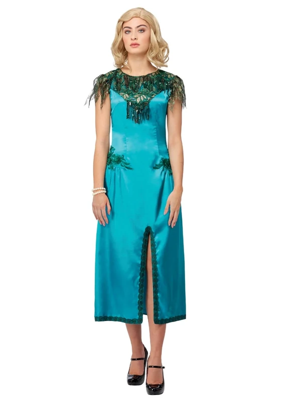 Smiffys Peaky Blinders Grace Shelby Adult Costume, Shimmering Blue Dress with Feather Detail & Fabulous Back Embroidery, Official License Fancy Dress for Themed Events, Cosplay & Halloween