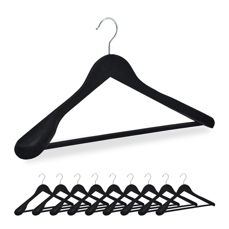 Relaxdays Velvet Coat Hangers, Set of 10, Wood, Wide Width with Trouser Bar, 360° Clothes Hook, Suit Hanger, Black