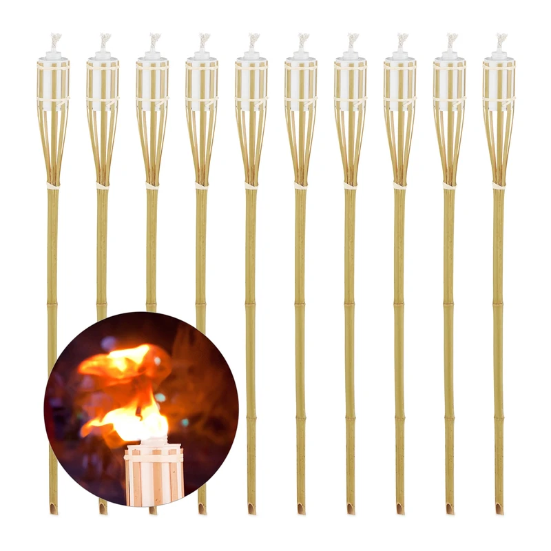 Relaxdays Set of 10 Garden Oil Torches, with Replacable Wicks, Bamboo & Iron, Outdoor Party Flares, Height 90cm, Natural