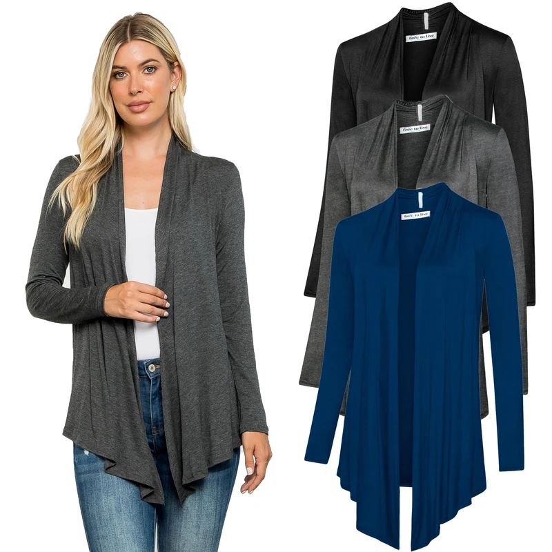 Free to Live 3 Pack Long Sleeve Cardigan for Women Open Front Dressy Casual Fall Draped Lightweight Sweaters Cover Up Shrugs, Black, Charcoal, Navy, XXL