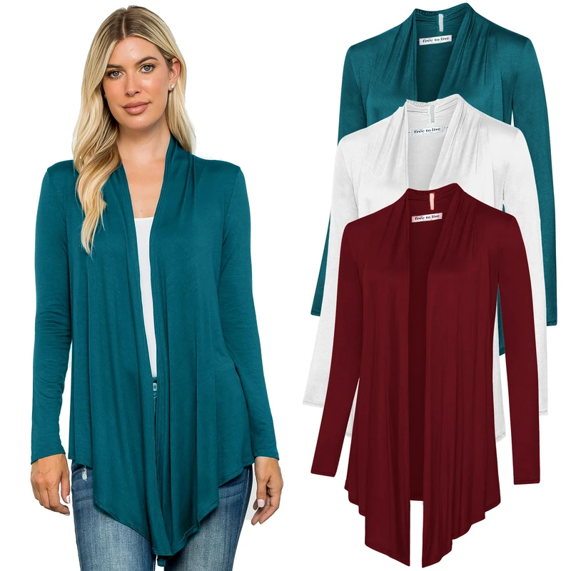 Free to Live 3 Pack Long Sleeve Cardigan for Women Open Front Dressy Casual Fall Draped Lightweight Sweaters Cover Up Shrugs, Teal, White, Wine, XL