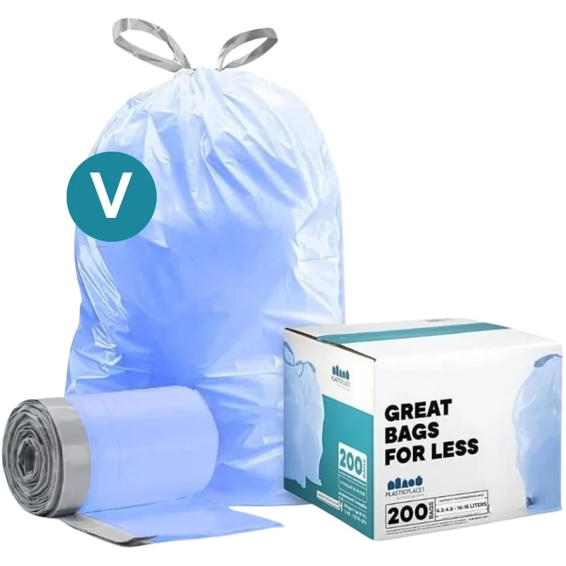 Plasticplace Code V Compatible (200 Count) Blue Recycling Bags Drawstring Garbage Can Liners 4.2-4.8 Gallon / 16-18 Liter 14.75" x 28"