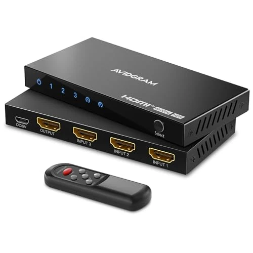 AVIDGRAM HDMI 3 In 1 Out 4K 60Hz Auto Switcher - 3 Port HDMI Selector Box with IR Remote Control, HDCP 2.2, HDR10, 3D, 18Gbps - Compatible with PS5, PS4, Xbox, HDTV, Monitor