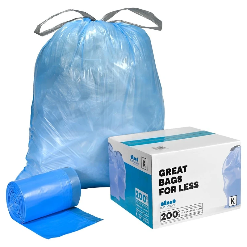 Plasticplace Rubbish Bags simplehuman Code K Compatible (200 Count)│Tinted Blue Drawstring Rubbish Liners 10 Gallon / 38 Liter │ 24.4" x 28"