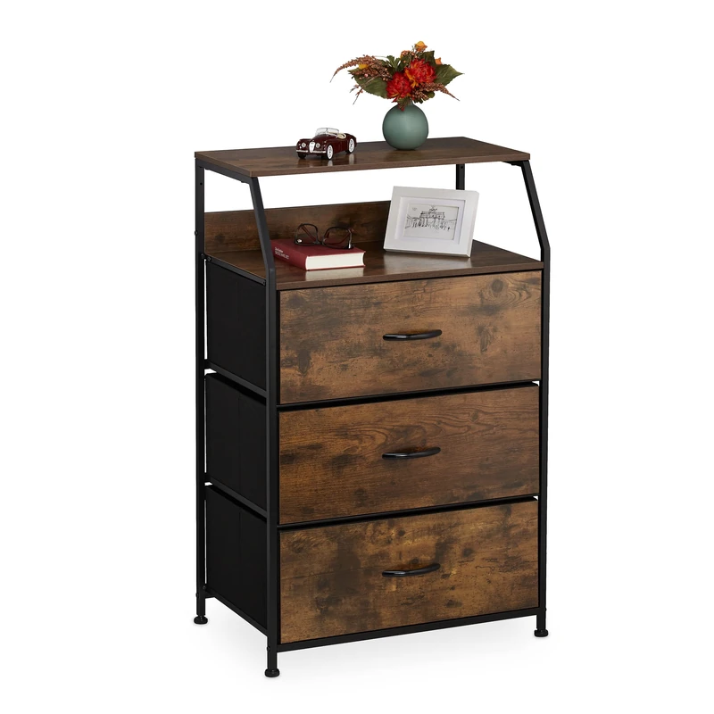 Relaxdays Chest of Drawers, 3 Drawers, H x W x D: 96.5 x 61 x 42 cm, Wardrobe, Dresser, Brown/Black