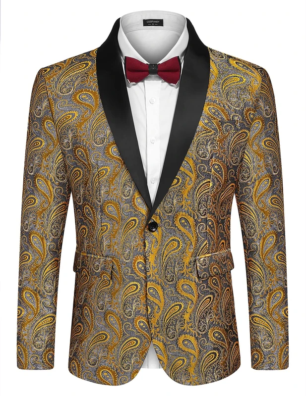 COOFANDY Mens Floral Tuxedo Jacket Paisley Shawl Lapel Suit Blazer Jacket for Dinner,Prom,Wedding, Golden Yellow, Medium