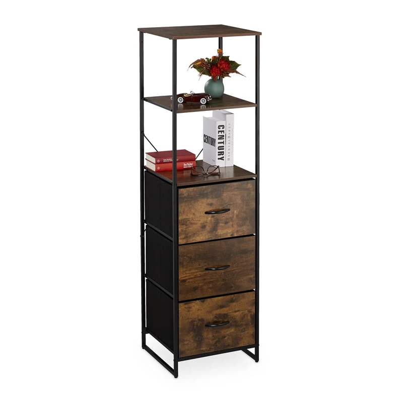 Relaxdays Shelf, 3 Drawers, 3 Shelves, Vintage Look, Industrial Design, HxWxD: 155 x 43 x 42.5 cm, Black/Brown