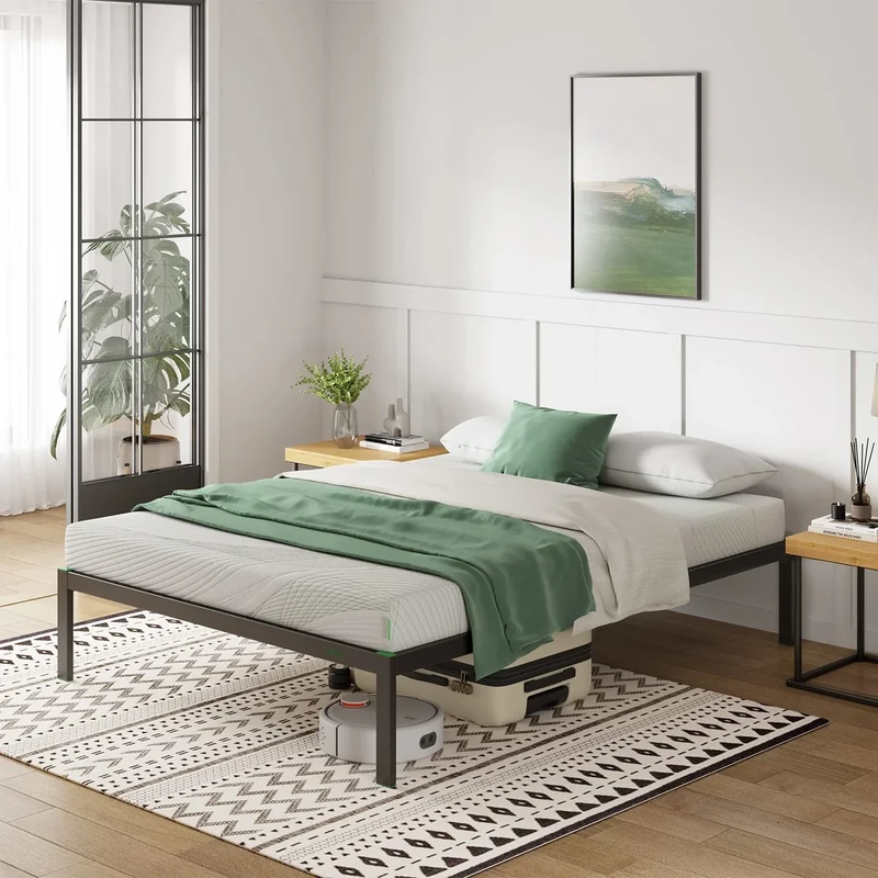 Novilla 30.5 cm Metal King Size Bed Frame, 5FT Platform Bed Frame With Noise-cancelling Design, Engineered Wood Slat Support, Solid Support Leg, Easy Assembly, Underbed Storage Space, 150x200cm, Black