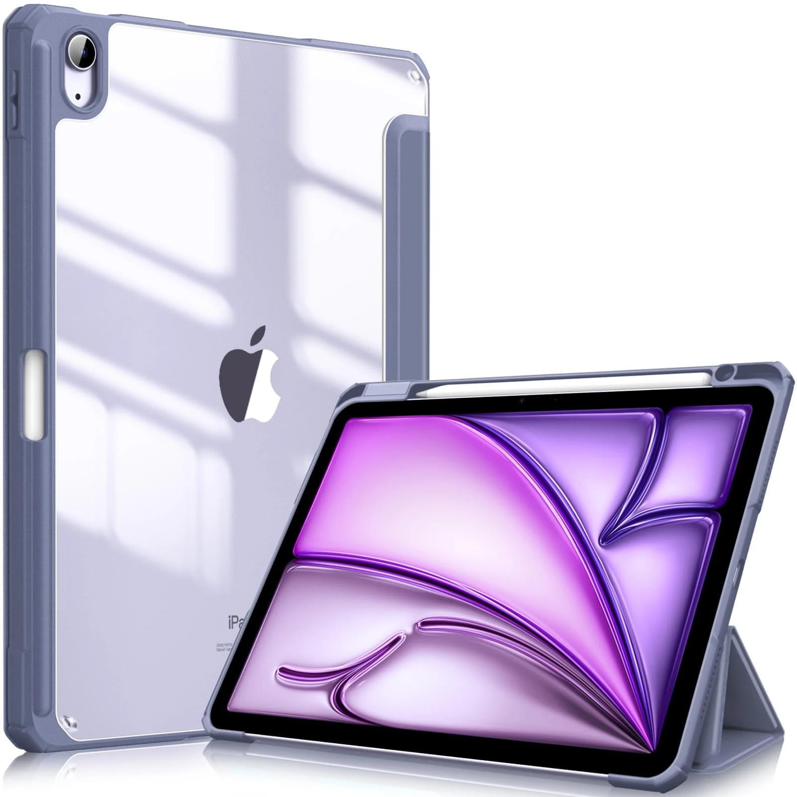 FINTIE Hybrid Case for iPad Air 11 Inch M3 (2025) / M2 (2024), iPad Air 5th / 4th Generation (2022/2020) - Shockproof Slim Clear Back Cover with Pencil Holder, Auto Wake/Sleep, Lavender Grey