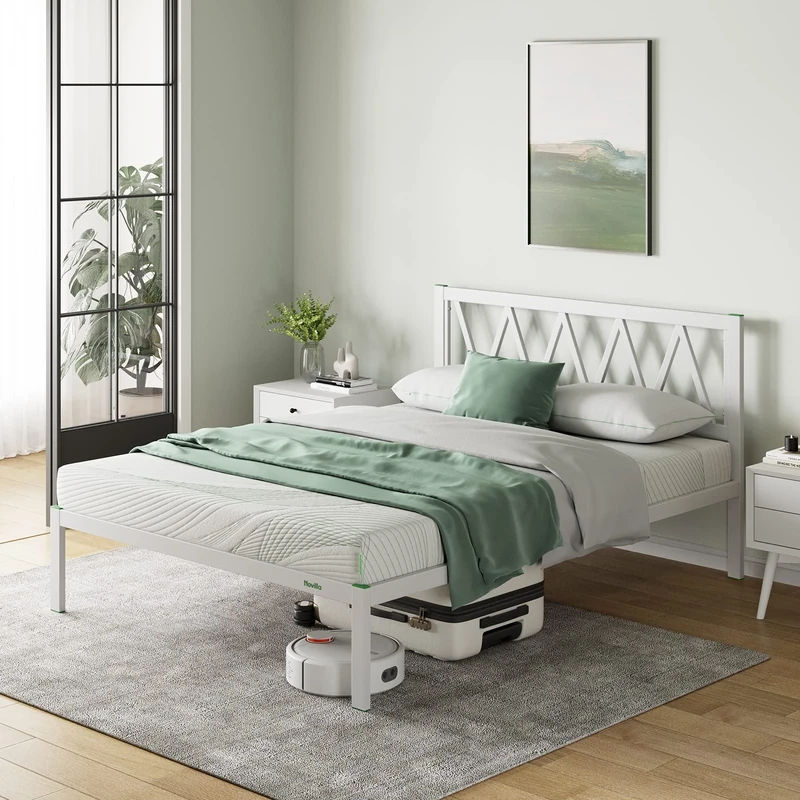 Novilla 30.5cm Metal Double Bed Frame, 4FT Platform Bed Frame with Headboard, Engineered Wood Slat Support, Solid Support Leg, Underbed Storage Space, Double (135 x 190 cm), White