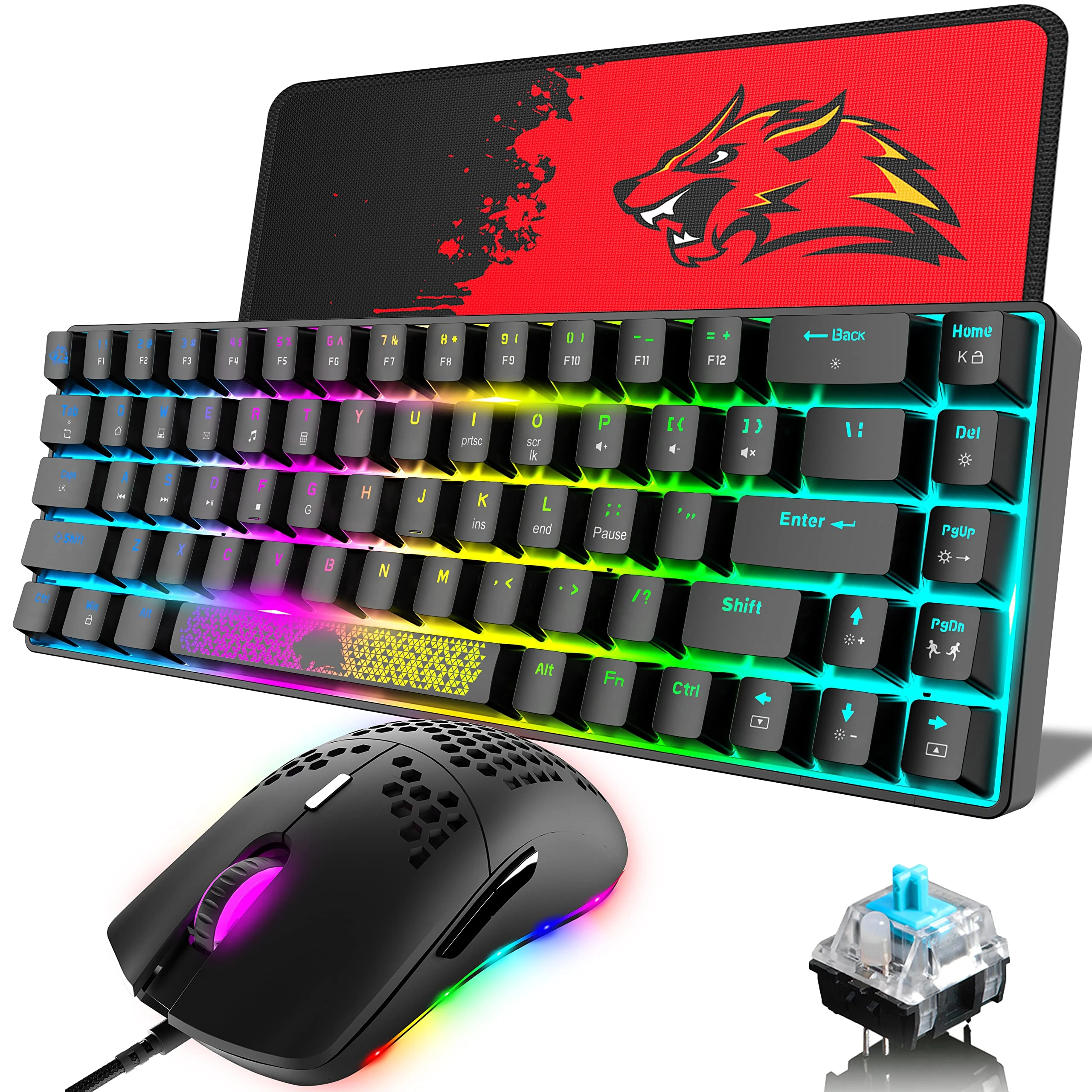 KUIYN T8 60% Mechanical Gaming Keyboard,68 Keys TKL Compact Layout Mini Keyboard,18 Chroma RGB Backlit,Blue Clicky Switch,Anti-ghosting, + Optical Model-O Gaming Mouse 6400 DPI for PC,Mac,PS4,XBOX