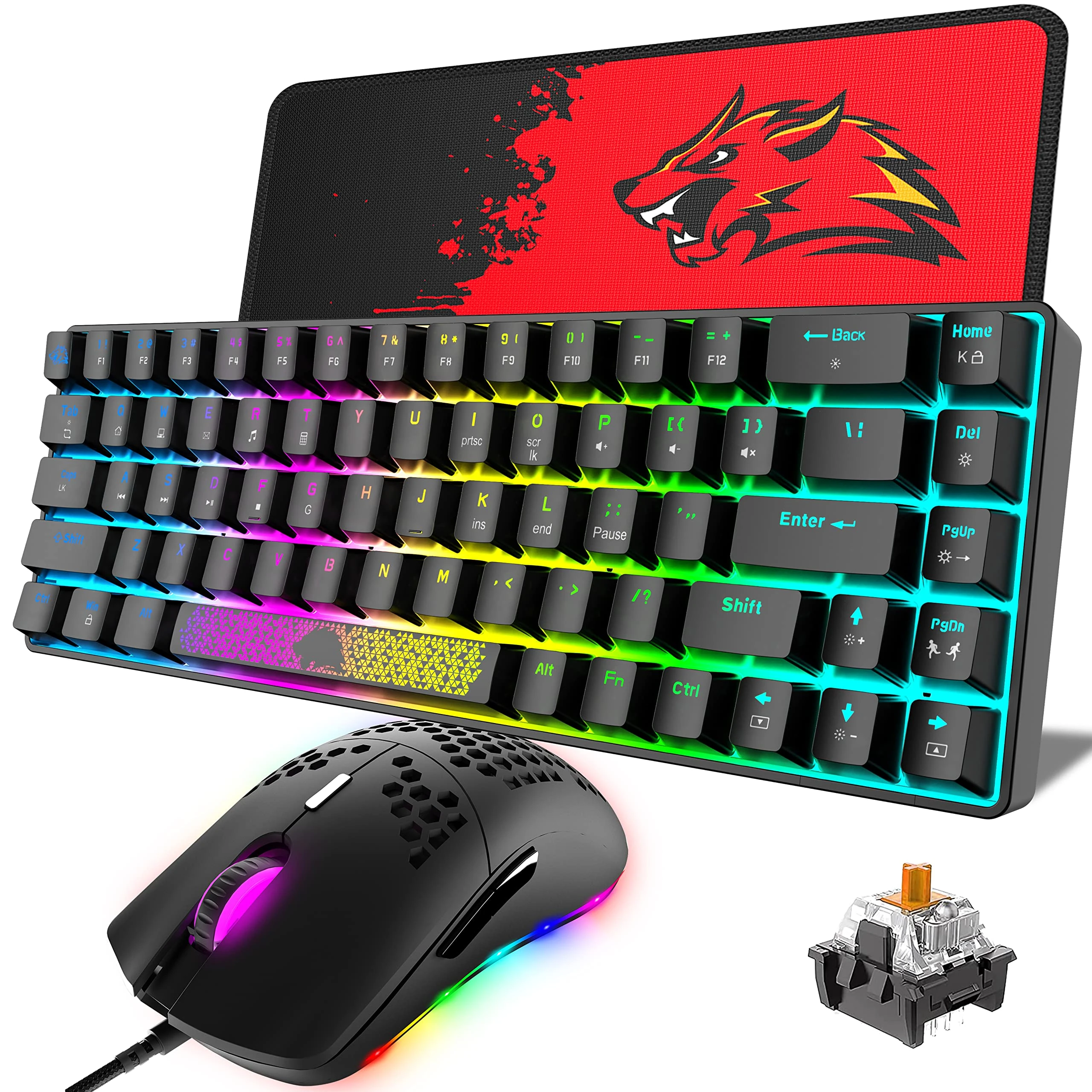 KUIYN T8 60% Mechanical Gaming Keyboard,68 Keys TKL Compact Layout Mini Keyboard,18 Chroma RGB Backlit,Red Linear Switch,Anti-ghosting, + Optical Model-O Gaming Mouse 6400 DPI for PC,Mac,PS4,XBOX