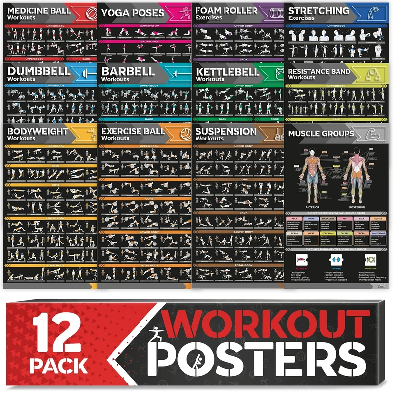 [12-PACK] Laminated Large Workout Poster Set - Perfect Workout Posters for Home Gym - Exercise Charts Incl. Dumbbell, Yoga, Resistance Band, Kettlebell, Stretching & More Fitness Gym Posters