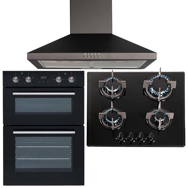 SIA 60cm DO102 Built In Electric Double Fan Oven, GHG603BL 4 Burner Gas Glass Hob & CHL60BL Chimney Cooker Hood