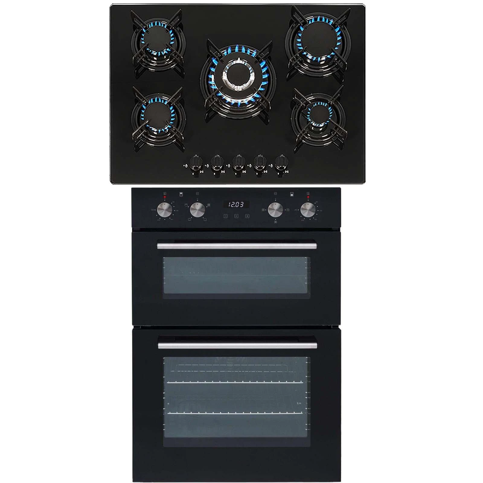 SIA 60cm DO102 Double Built In Electric Fan Oven & GHG713BL 5 Burner Gas On Glass Hob With Enamel Pan Stands