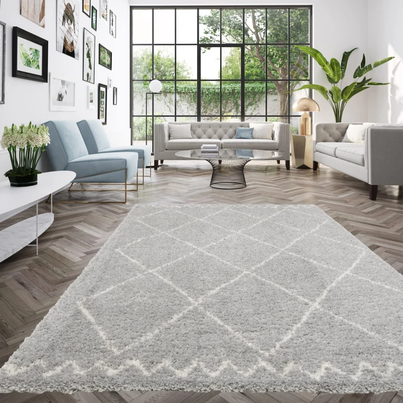 Berber Boho Rug, Shaggy Rug, Geometric Pattern, Rug 120 x 170 cm, Soft and Comfortable, Easy Care, Polypropylene, Deep Pile 30 mm, 120 x 170 cm, Grey - White - Image 1
