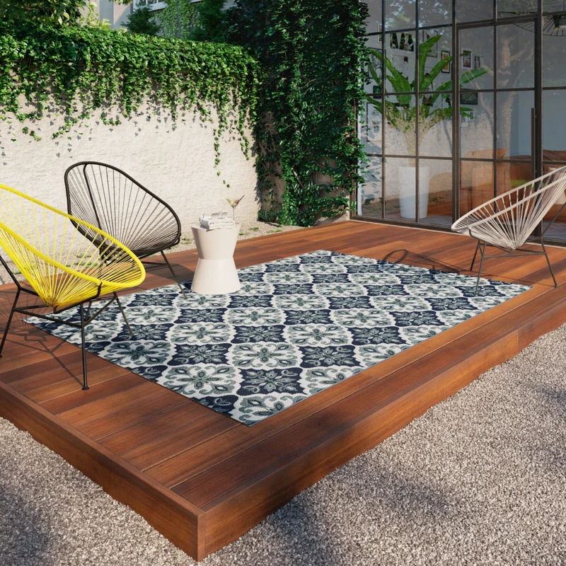 BALTA Outdoor Rug Flat Weave Rug Ideal for Outside on the Patio or Indoor in a Living Room - Bedroom, Machine Woven, Cement Tile Pattern, Polypropylene, 80 x 150 cm, Blue - Image 1