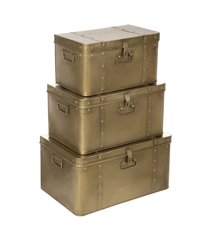 Atmosphera Set of 3 Retro Gold Metal Storage Trunks