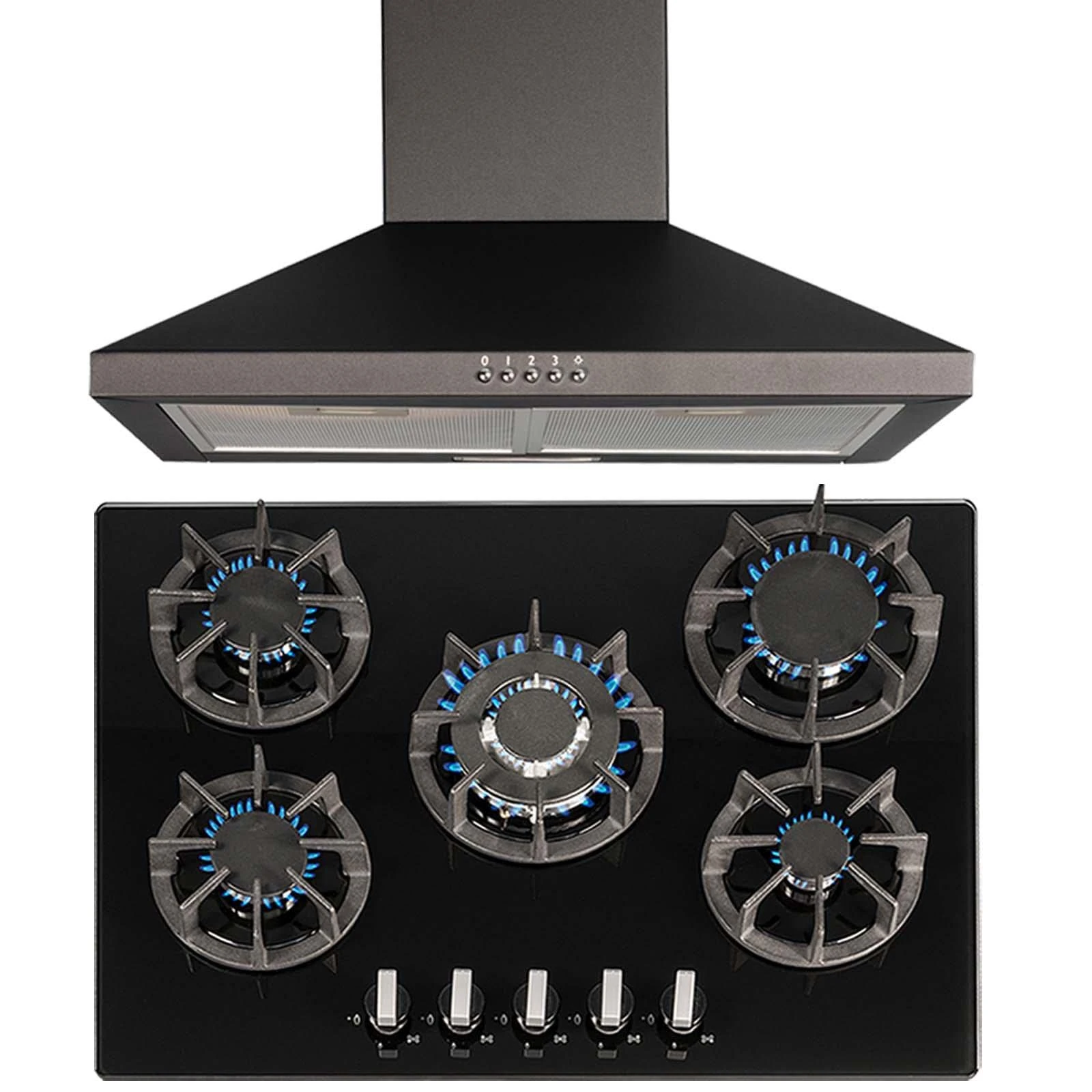SIA R8 70cm Black 5 Burner Gas On Glass Hob With Cast Iron Pan Stands & SIA CHL70BL 70cm Chimney Cooker Hood Kitchen Extractor Fan in Black