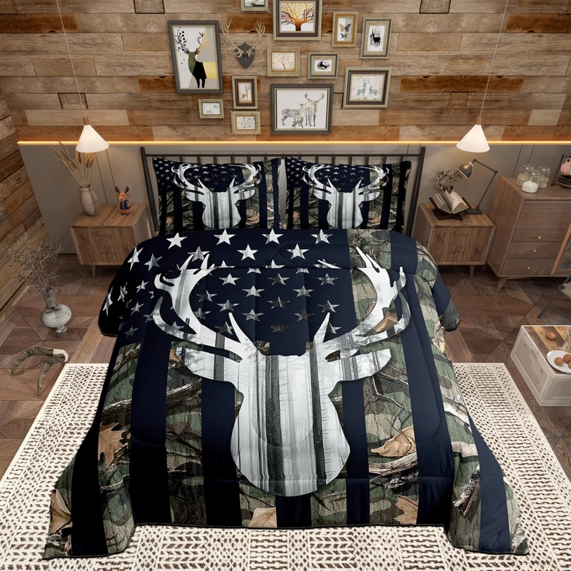 Camo American Flag Kids Comforter Sets Full Size,Deer Antlers Army Green Camouflage Bedding Comforters for Man,Western Farmhouse Animal Hunting Stars Stripes USA Flag Down Comforter RV Inside Decor