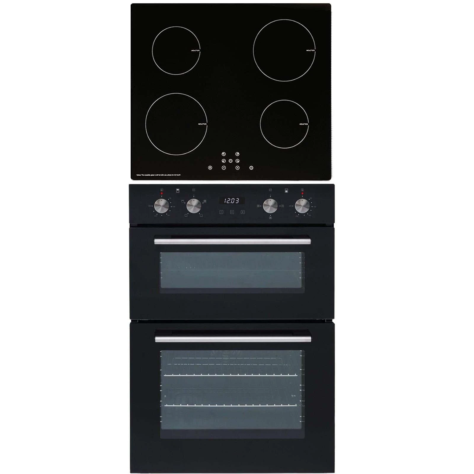 SIA DO102 60cm Black Built In Double Electric Fan Oven With Digital Timer & SIA INDH60BL 60cm Black 4 Zone Touch Control Induction Hob & Child Lock