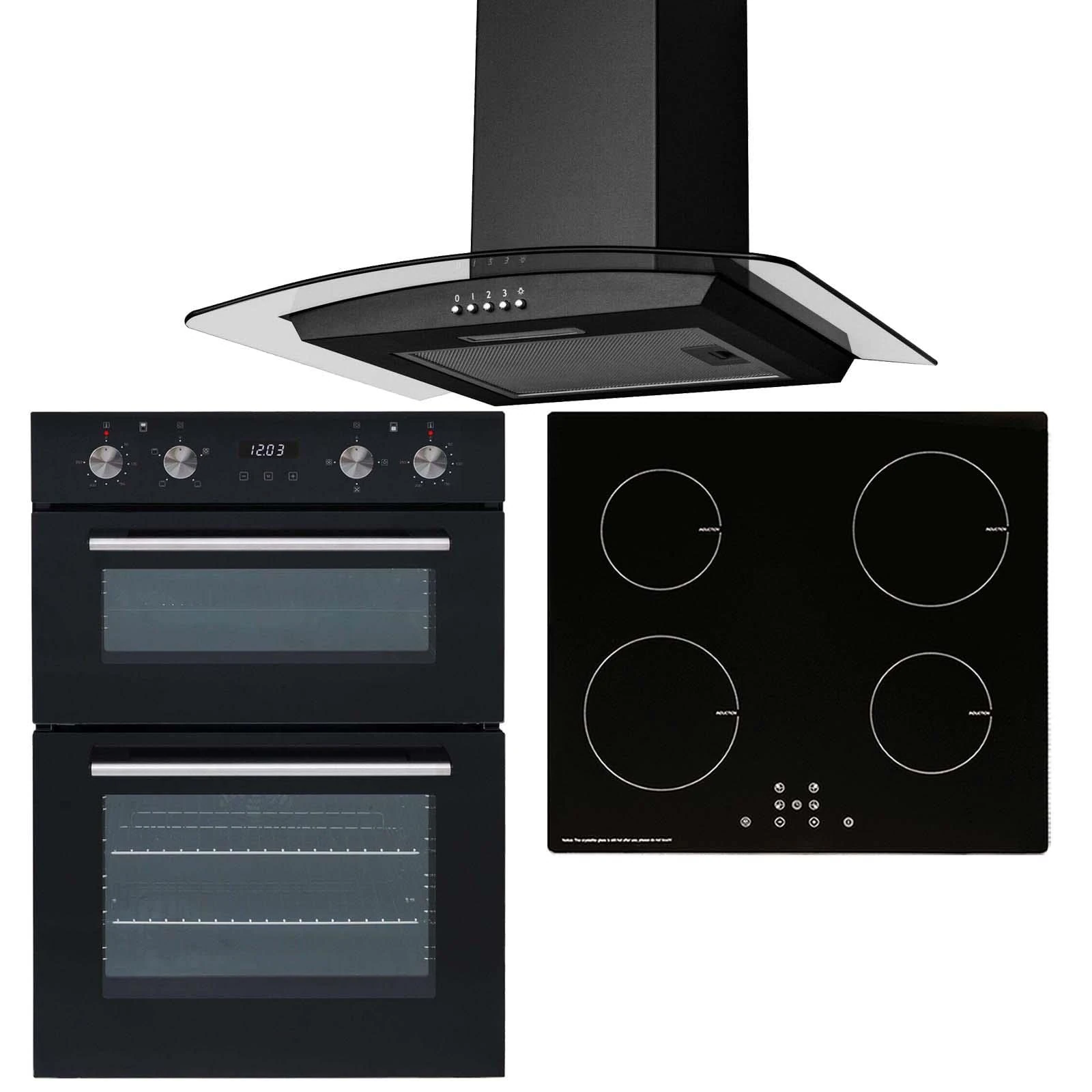 SIA 60cm Black Built-in Double Fan Oven, 4 Zone Touch Control Induction Hob & Curved Extractor Fan